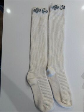 Maje White Cream Ecru Long Knee High Socks With Rhinestone Embellished Size: OS